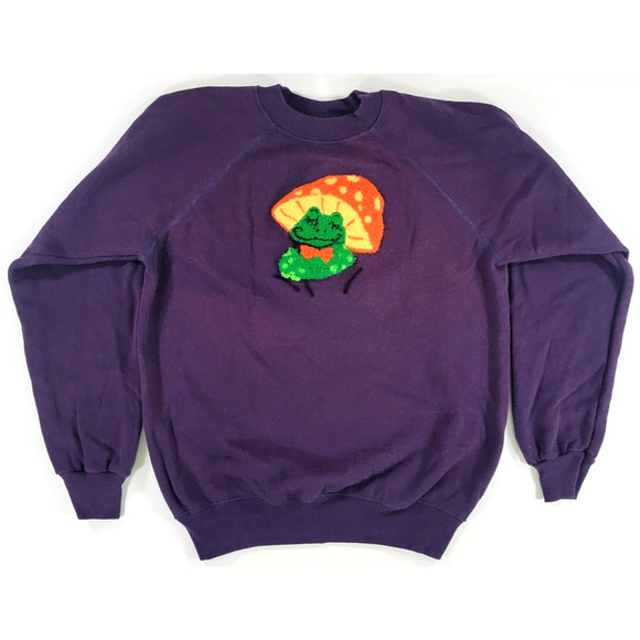 Vintage 80's Hanes Embroidered Frog Sweatshirt Women's Medium Pullover Sweater - Picture 1 of 6
